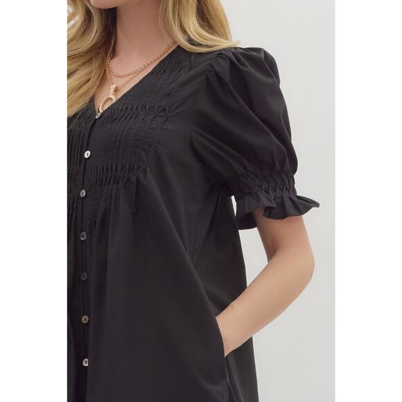 Entro Black Smocked Puff Sleeve Mini Dress | Babydoll V-Neck Button Sz M - NWT - Picture 4 of 4